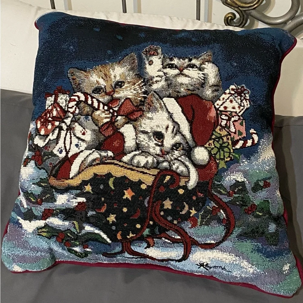 Adorable Christmas Kittens Pillow with Silver Sparkle Throughout 16”x16” Square